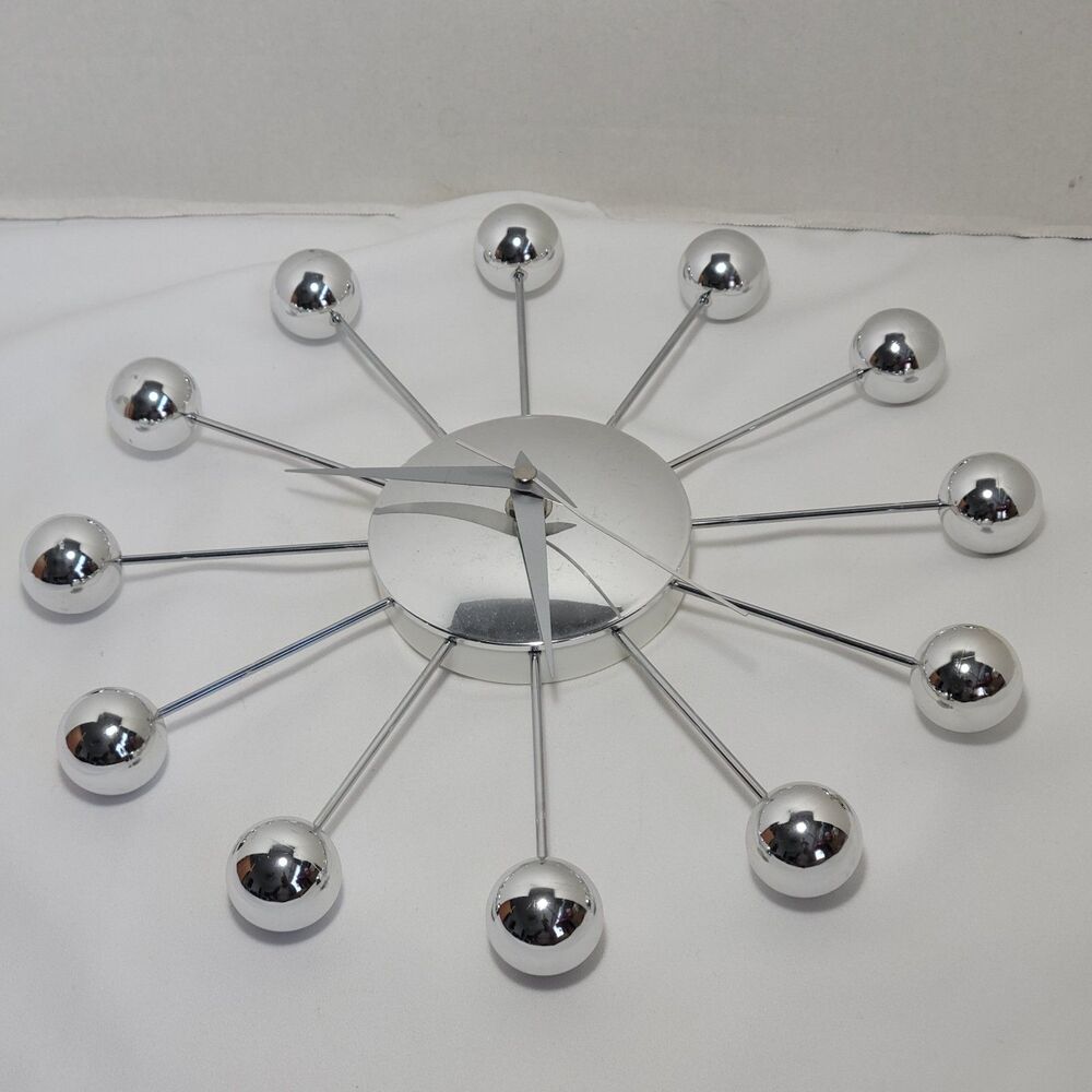 Chrome Starburst Wall Clock 12" MCM Atomic Sputnik Taiwan *Parts